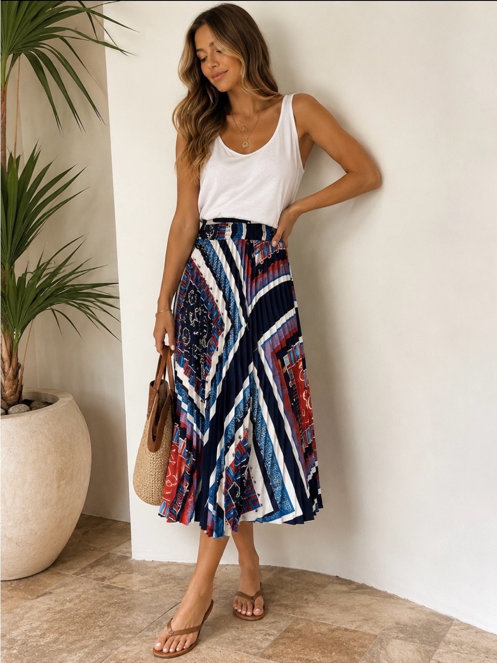 Zara Navy, Red, White & Blue Pleated Geometric Midi Skirt